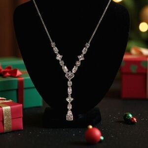 Sexy Cubic Zirconias Y-Drop Necklace Silver Tone Chain 21” Signed EUC